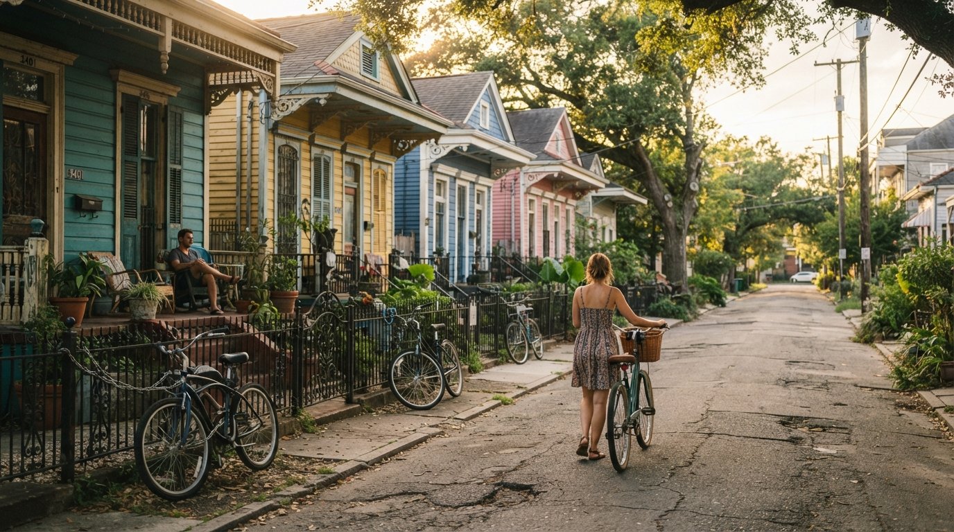 colourful shotgun cottages and hand-painted murals along a quiet Bywater street at late-afternoon light, bicycles chained to front fences