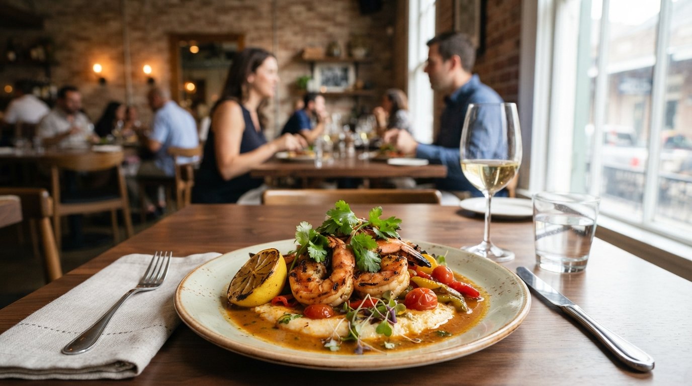 a plated Acamaya seafood dish on a refined restaurant table, bright citrus and herbs against the contemporary dining room