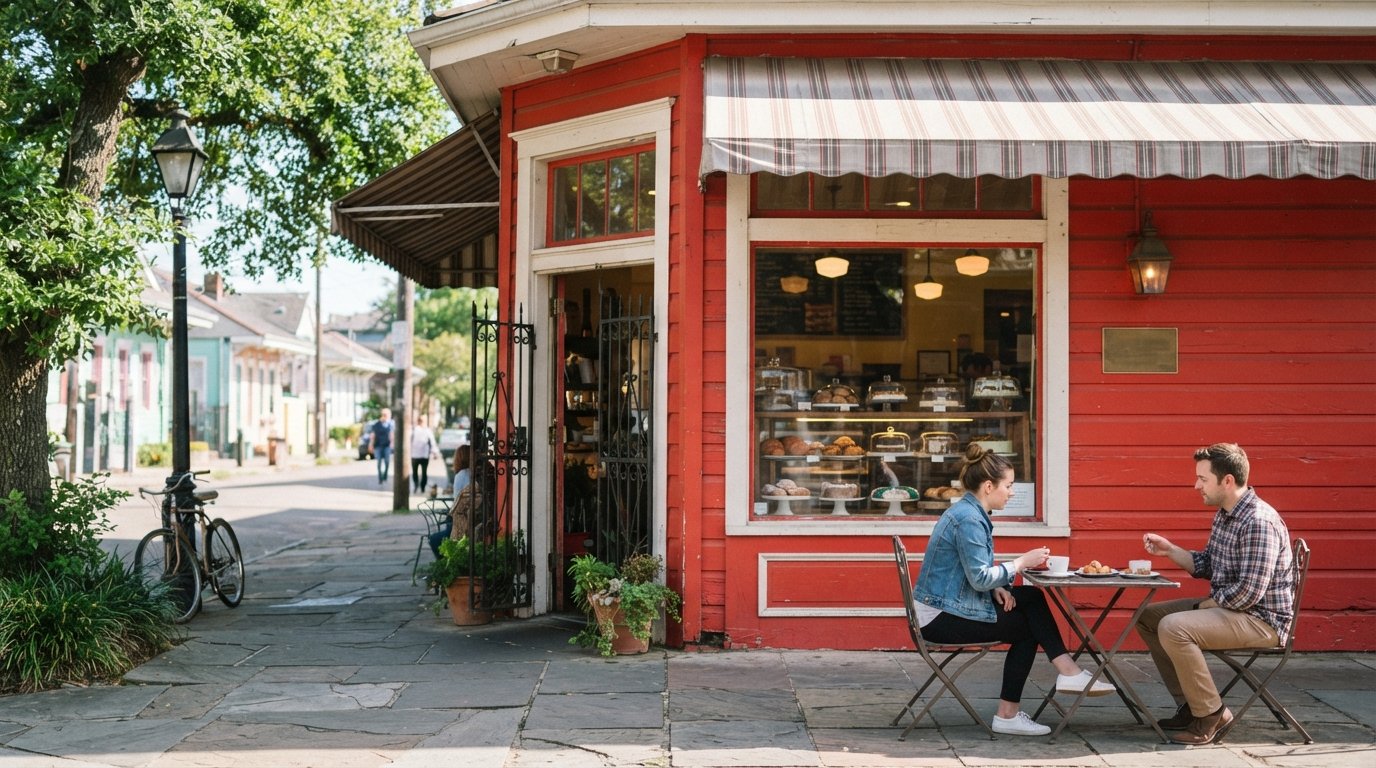the red-painted exterior of Bywater Bakery on a sunny corner, with pastries visible through the window and a quiet Dauphine Street sidewalk