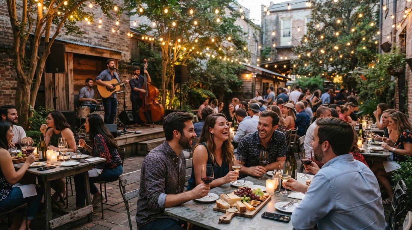 Bacchanal Wine’s backyard at dusk, string lights over tables, musicians playing in the courtyard and guests with wine and cheese plates