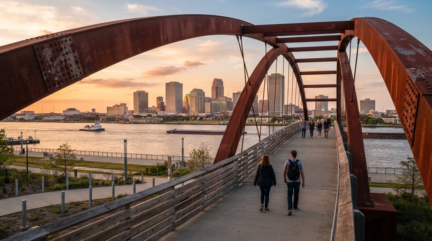 the Rusty Rainbow pedestrian bridge at Crescent Park near sunset, rust-red steel arch framing the Mississippi and downtown skyline