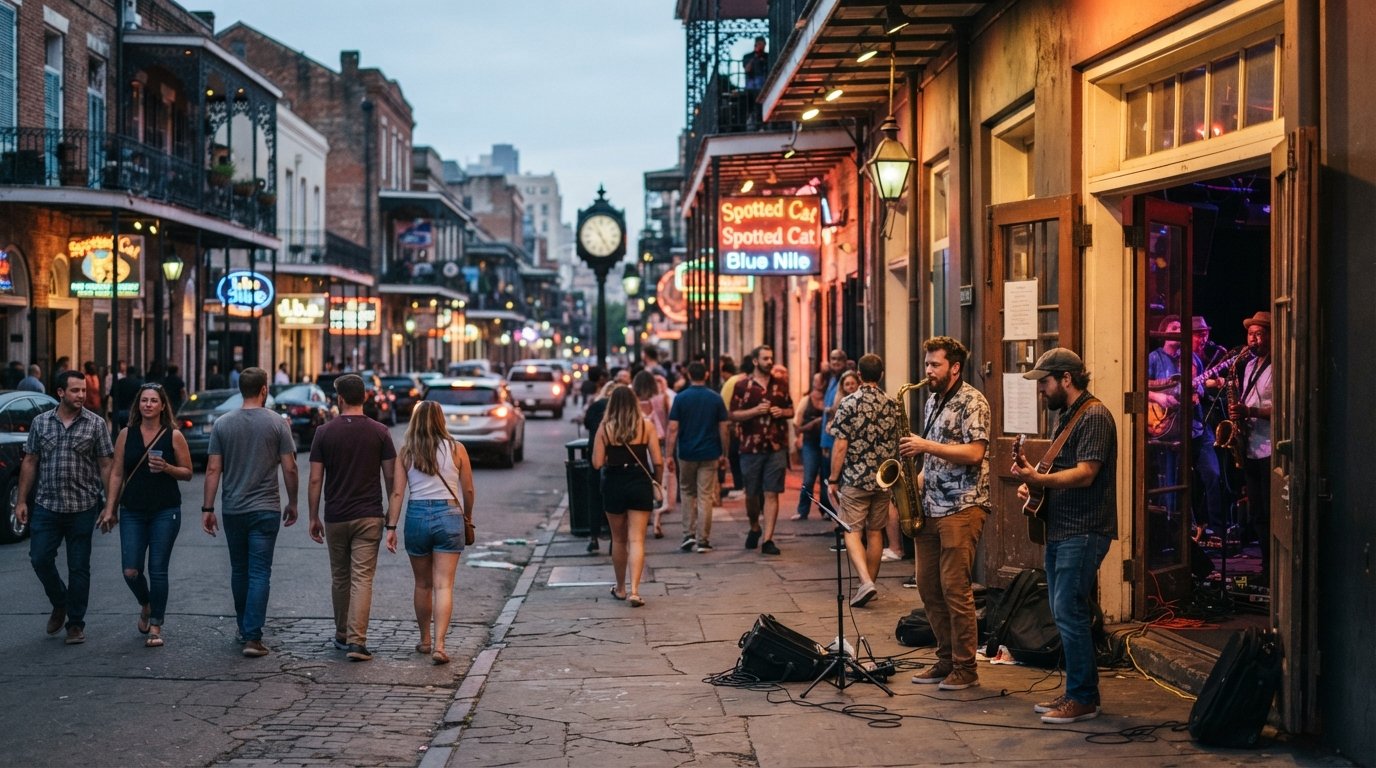 Frenchmen Street at dusk near Chartres, live-music club doorways glowing onto the sidewalk with pedestrians and buskers in the foreground