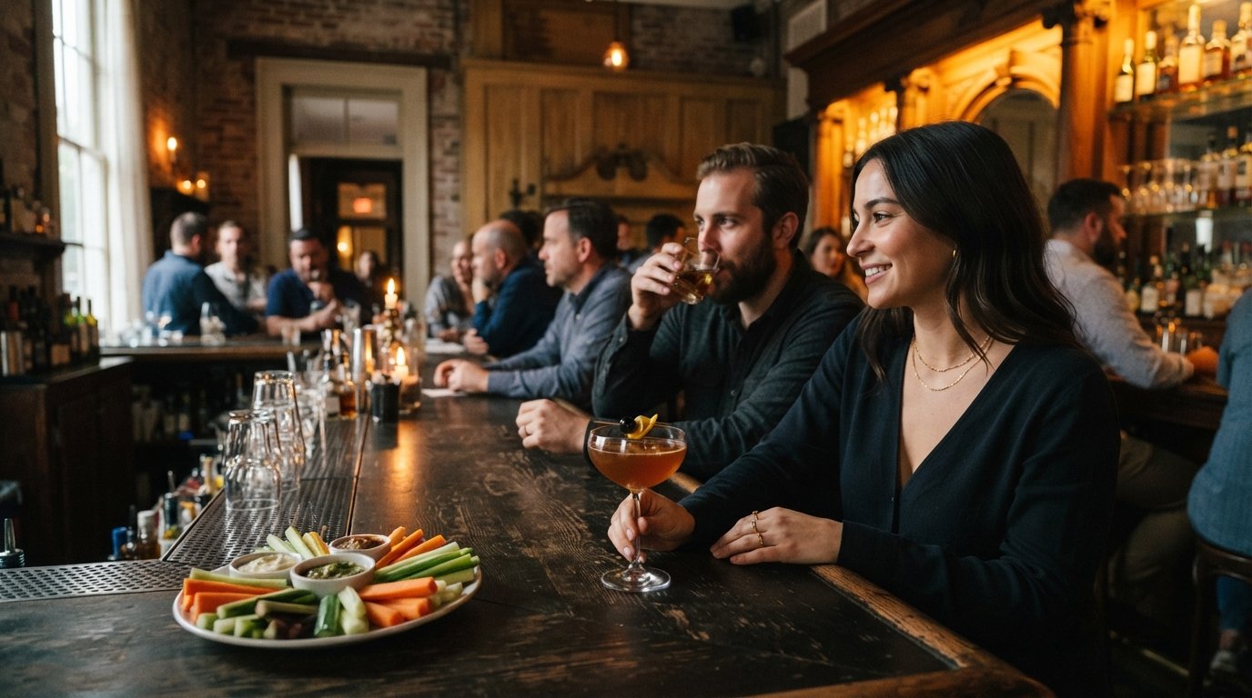 The Elysian Bar in the rectory at Hotel Peter and Paul on Burgundy, moody evening light, cocktail and vegetable plate on the bar