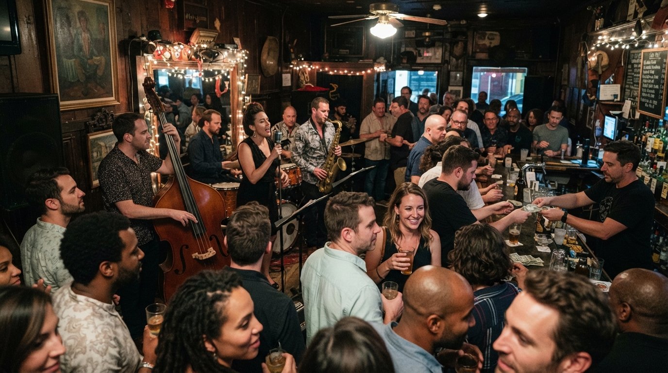 The Spotted Cat Music Club on Frenchmen, cramped standing-room interior with a small jazz band and a cash-only bar in close frame