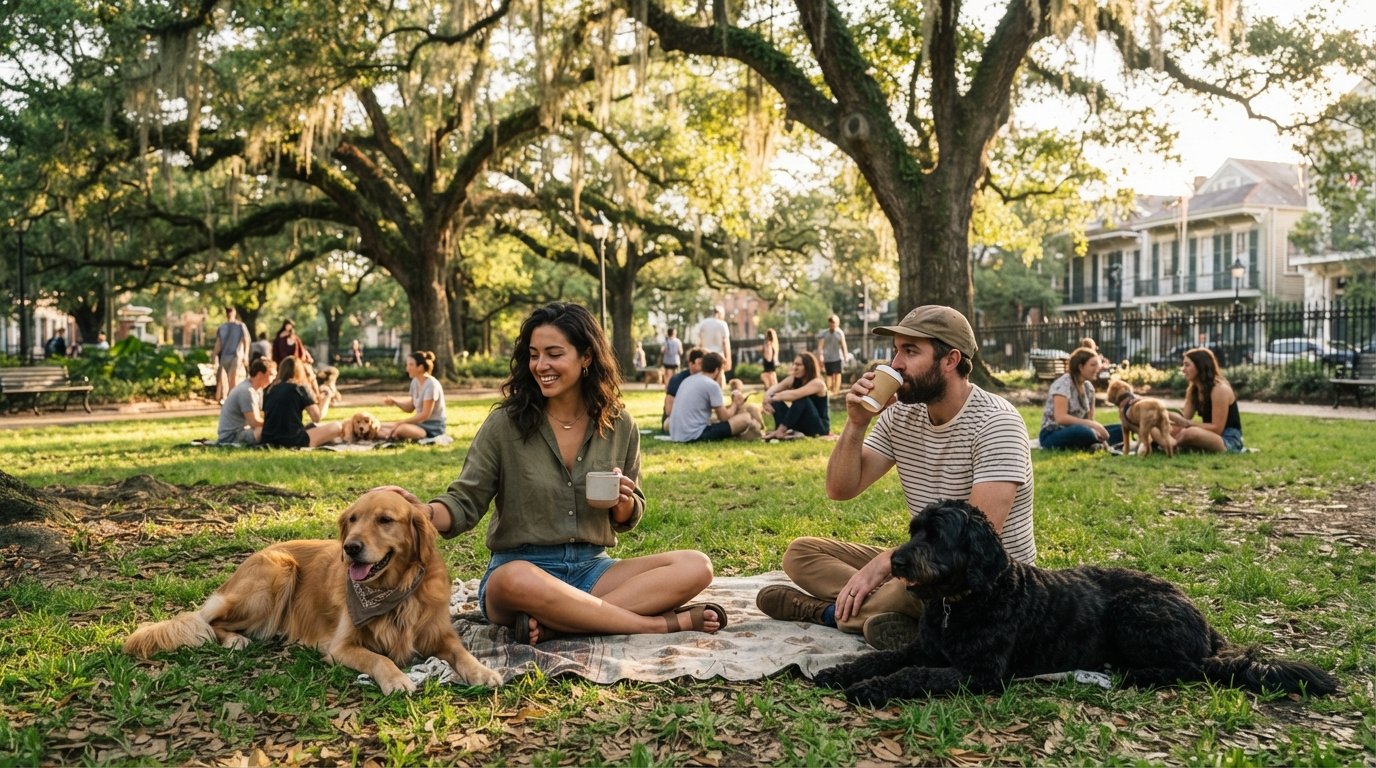 Washington Square Park under live oaks, people sitting with coffee and dogs on the grass in late-afternoon light