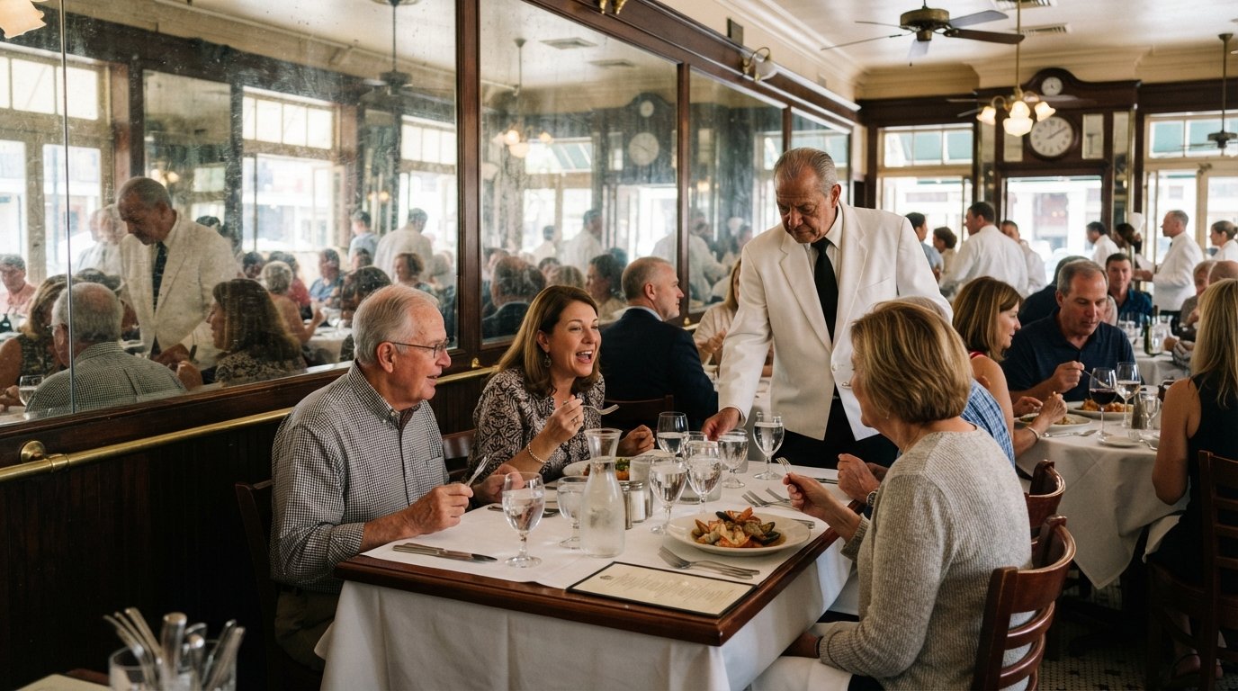 the mirrored downstairs dining room at Galatoire’s on Bourbon Street, white-jacketed service, polished tables and a classic Creole lunch setting at midday