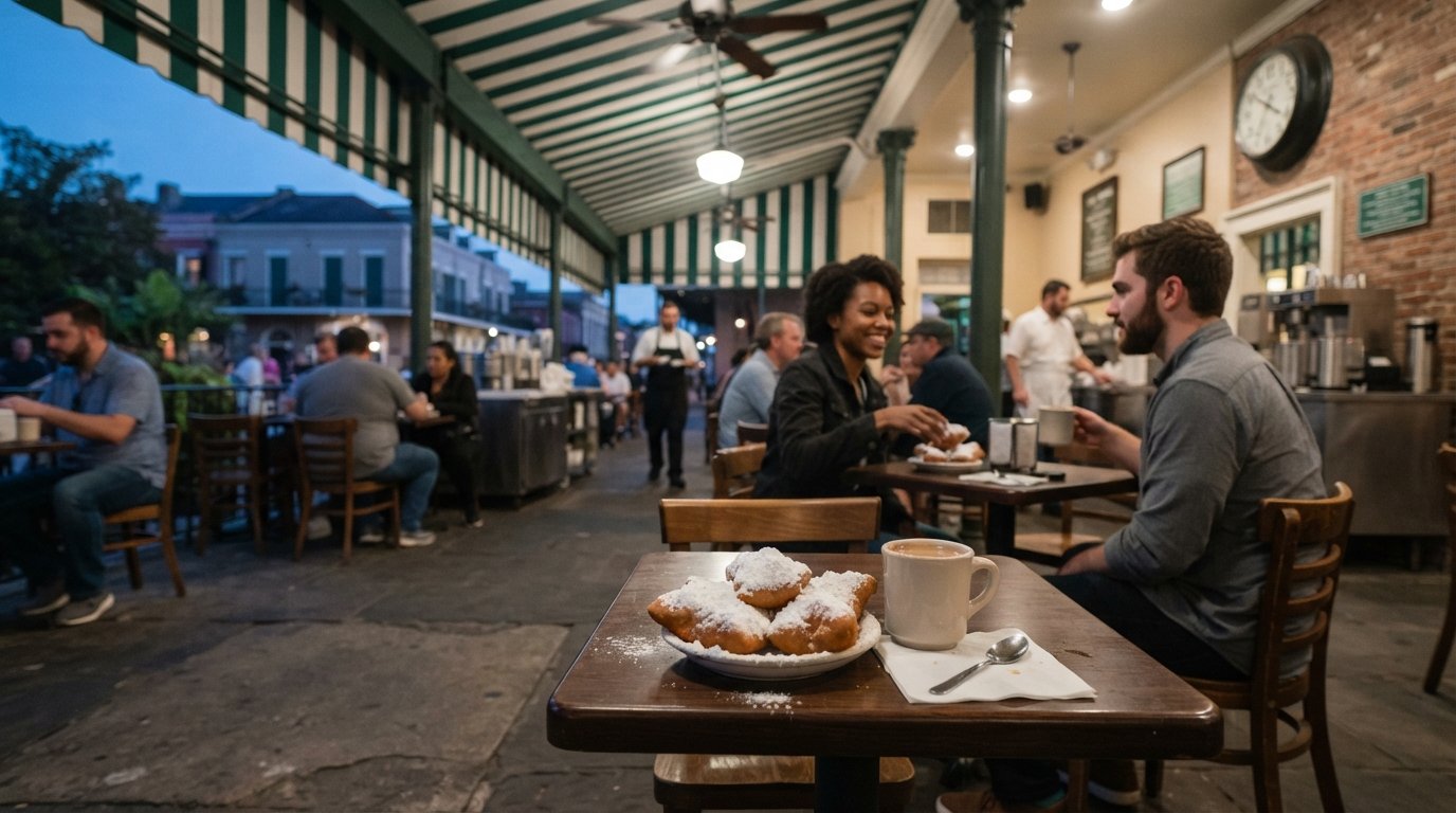 Cafe du Monde on Decatur at dawn, green-and-white awning, a tray of powdered beignets and a cafe au lait on a small table with soft morning light