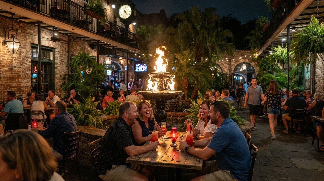 Pat O’Brien’s courtyard at night with the flaming fountain, warm light on brick walls and guests gathered around the original Hurricane cocktails