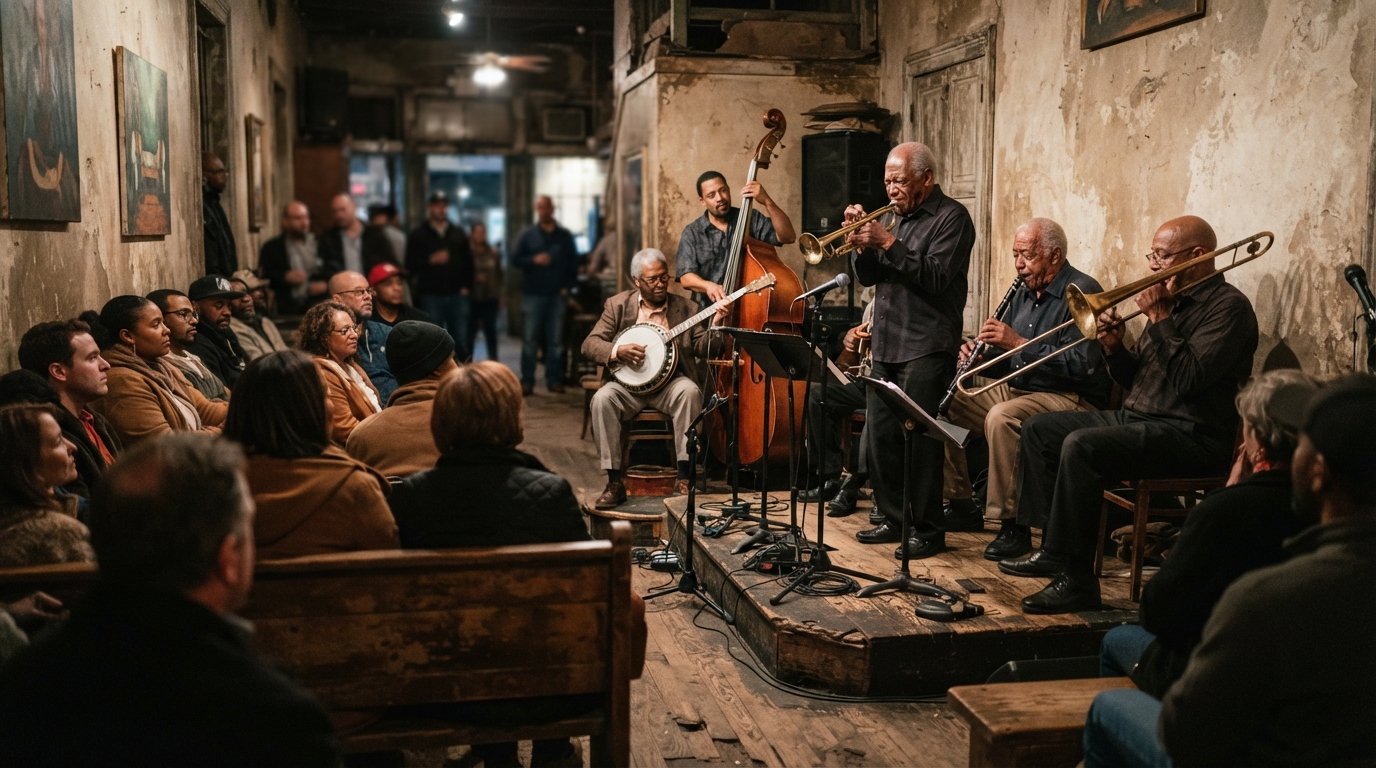 the bare interior of Preservation Hall on St. Peter Street, wooden benches, intimate stage lighting and a small trad jazz band mid-set