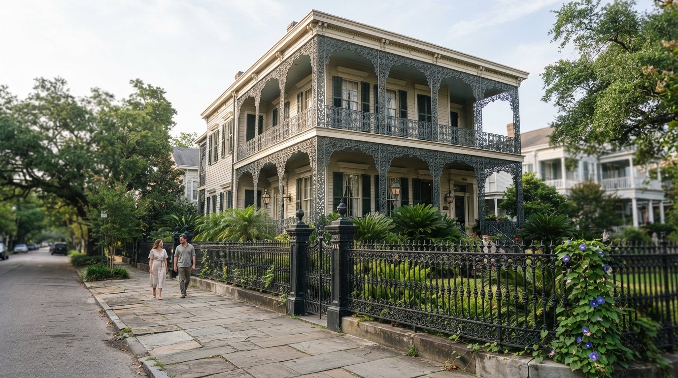 Colonel Short's Villa at 1448 Fourth Street in the Garden District, with its cornstalk cast-iron fence and morning glory details seen from the sidewalk in soft morning light