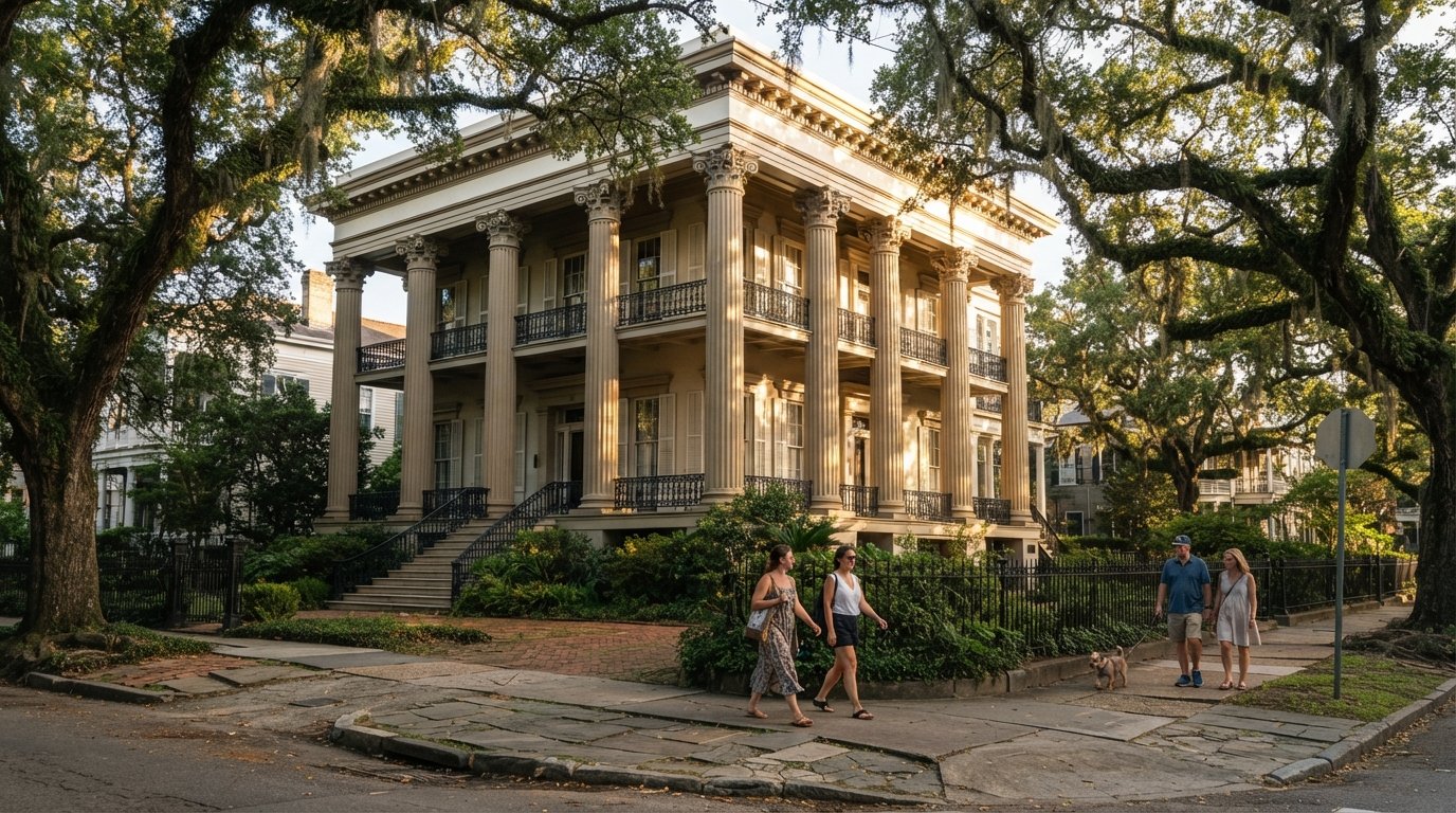 the Buckner Mansion on Jackson Avenue, a massive Greek Revival façade with tall columns and deep shade from live oaks in the late afternoon